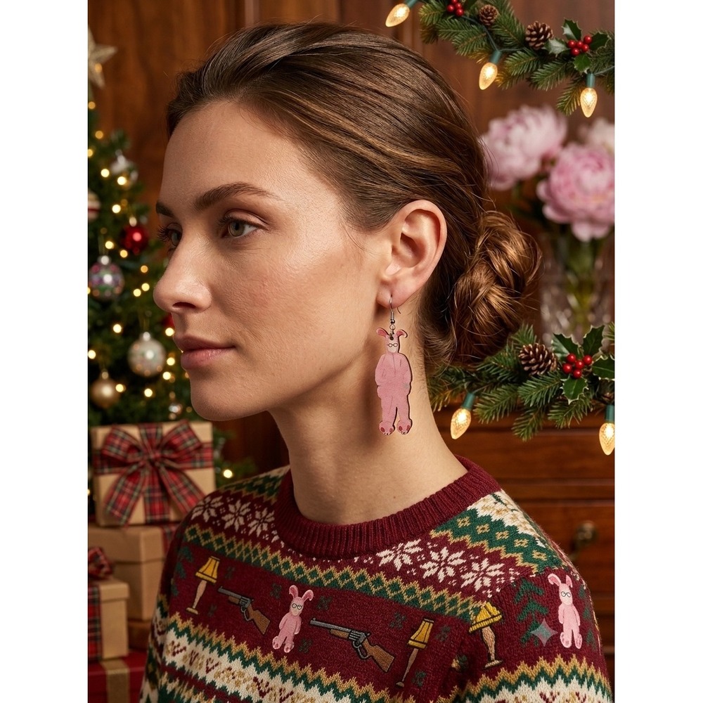 Boutiquely Bugs Pink Bunny Suit Ralphie Christmas Story Drop Earrings Holiday